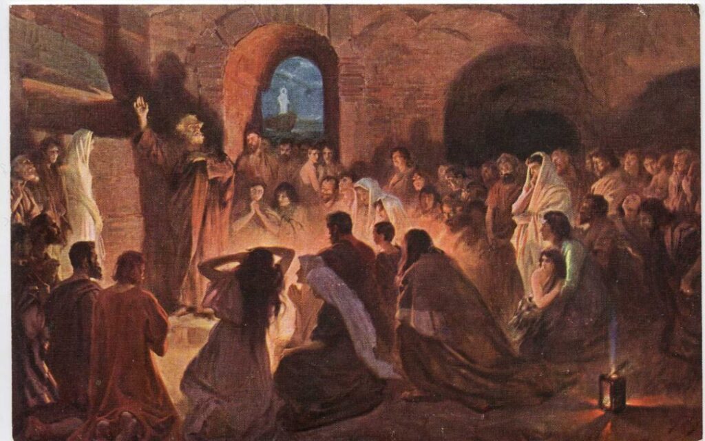 a Painting of the early Church meeting in the catacombs during persecution